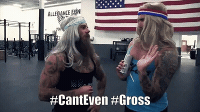 Two Men In Wigs In Front Of American Flag With #Canteven #Gross GIF