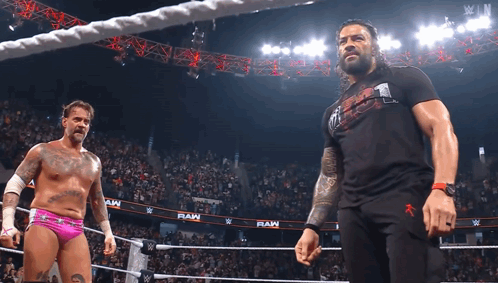 Two Men In Wrestling Ring With Raw Banner GIF