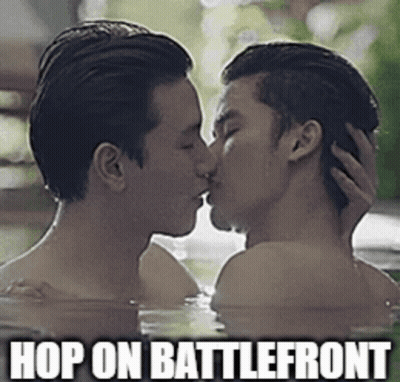 Two Men Kissing In Bathtub Hop On Battlefront GIF