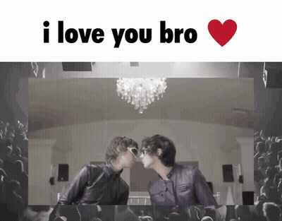 Two Men Kissing In Front Of A Crowd With The Words I Love You Bro Above Them GIF