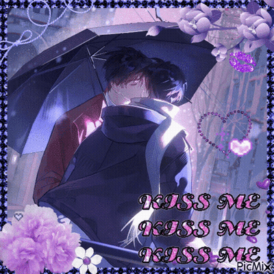 Two Men Kissing Under Umbrella Saying Kiss Me GIF