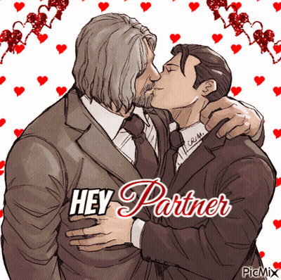 Two Men Kissing With Caption Hey Partner GIF