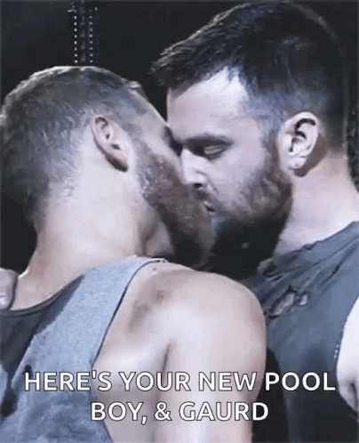 Two Men Kissing With Pool Boy Guard GIF