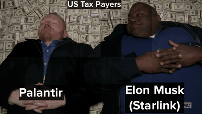 Two Men Laying On Top Of A Pile Of Money With Us Tax Payers Elon Musk Starlink Written Above Them GIF