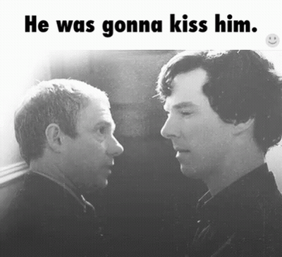 Two Men Looking At Each Other Saying He Was Gonna Kiss Him GIF