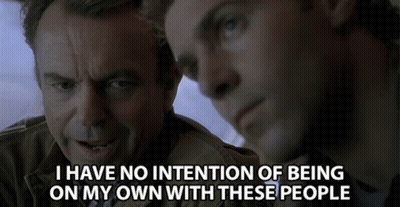 Two Men Looking At Each Other Saying I Have No Intention Of Being On My Own With These People GIF
