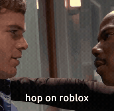 Two Men Looking At Each Other With The Words Hop On Roblox On The Bottom Right GIF