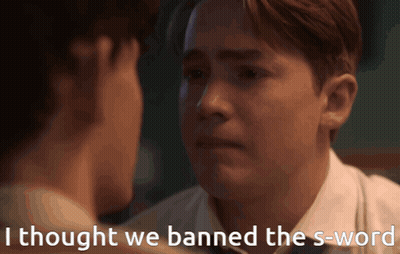 Two Men Looking At Each Other With The Words " I Thought We Banned The S-Word " On The Bottom GIF