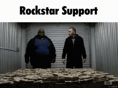 Two Men Next To Pile Of Money Saying Rockstar Support GIF