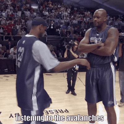 Two Men On A Basketball Court With The Words Listening To The Avalanches On The Bottom GIF