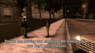 Two Men On Sidewalk You Do The Driving And Shooting We'll Make Sure GIF