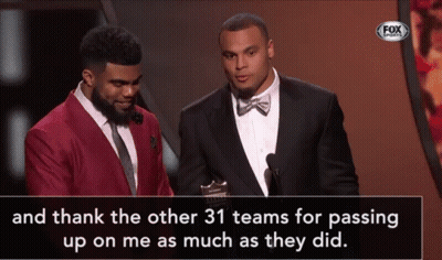 Two Men On Stage Saying And Thank The Other 31 Teams For Passing Up On Me GIF