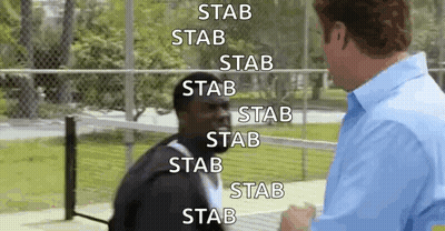 Two Men On Tennis Court Saying Stab Stab Stab GIF