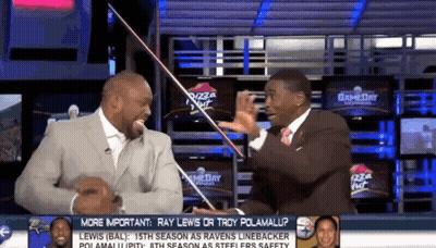 Two Men On TV Show Talking Ray Lewis Or Troy Polamalup GIF