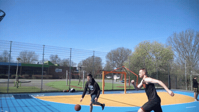 Two Men Playing Basketball One In Black Hoodie Saying AA GIF