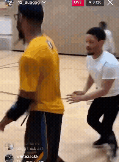Two Men Playing Basketball Yellow And White Shirts GIF