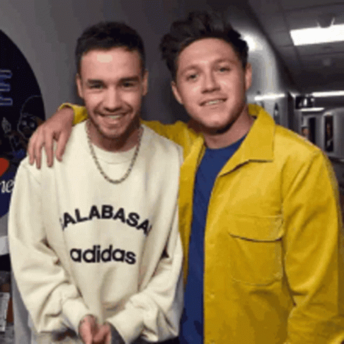Two Men Posing For A Picture With One Wearing An Adidas Sweatshirt GIF