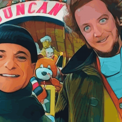 Two Men Posing In Front Of Duncan Sign GIF