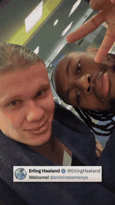 Two Men Posing With Erling Haaland Welcome GIF