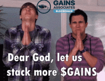 Two Men Praying In Front Of A Gains Logo GIF