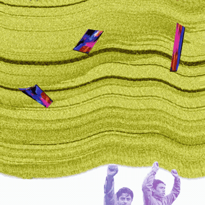 Two Men Raising Fists In Front Of Yellow Carpet GIF