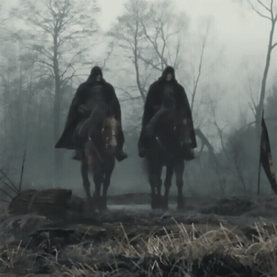 Two Men Riding Horses In Foggy Field GIF