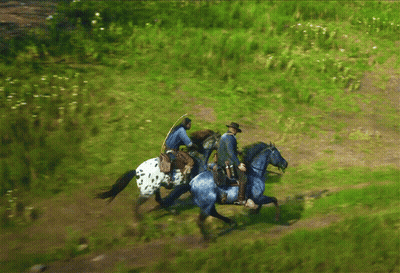 Two Men Riding Horses On Dirt Path GIF