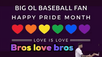 Two Men Shaking Hands In Front Of A Purple Background That Says Big Ol Baseball Fan Happy Pride Month Love Is Love Bros  GIF