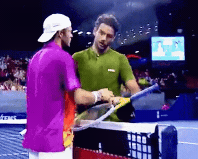 Two Men Shaking Hands Purple Shirt GIF