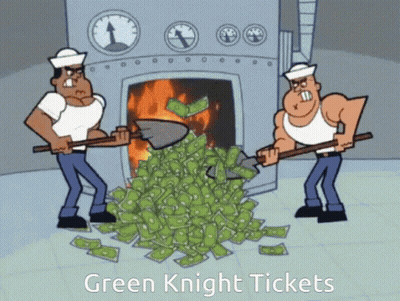 Two Men Shoveling A Pile Of Green Knight Tickets Into A Fire GIF
