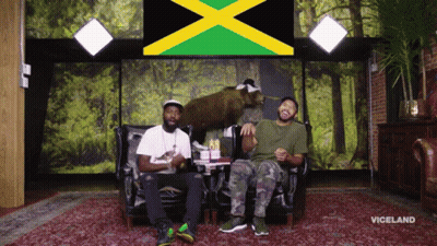 Two Men Sit On A Couch In Front Of A Wall With A Jamaican Flag GIF