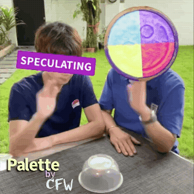 Two Men Sitting At A Table With A Purple Sign That Says Speculating On It GIF
