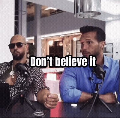 Two Men Sitting At A Table With Microphones And The Words " Don 'T Believe It " GIF
