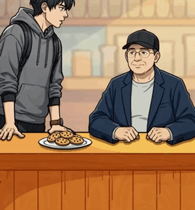 Two Men Sitting At Counter With Cookies GIF
