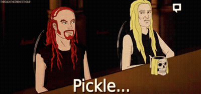 Two Men Sitting at Pickle Table