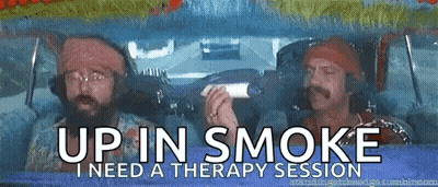 Two Men Sitting In A Car With The Words Up In Smoke I Need A Therapy Session On The Bottom GIF