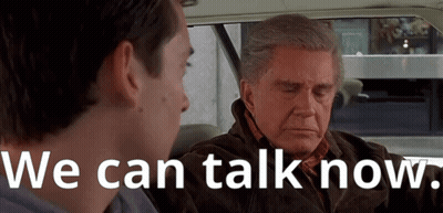 Two Men Sitting In Car Saying We Can Talk Now GIF
