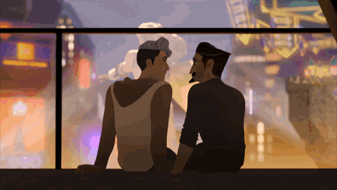 Two Men Sitting On A Balcony Looking At Each Other With A Sign That Says ' A ' On It GIF