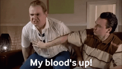 Two Men Sitting On Couch Saying My Blood's Up GIF