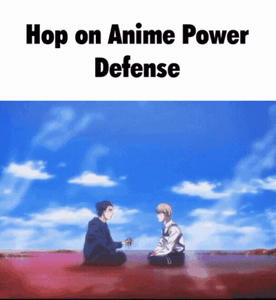 Two Men Sitting On Ground Hop On Anime Power Defense GIF