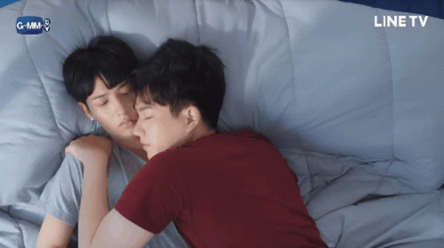 Two Men Sleeping On Bed With Line TV Logo GIF