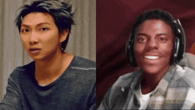Two Men Smiling, One With Headphones GIF