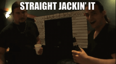 Two Men Stand In Front Of A Board That Says Straight Jackin ' It GIF