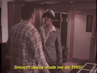 Two Men Standing Before Mixer Saying Smooth Jesus Made Me Do This GIF