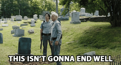Two Men Standing In A Cemetery With The Words This Isn 'T Gonna End Well GIF