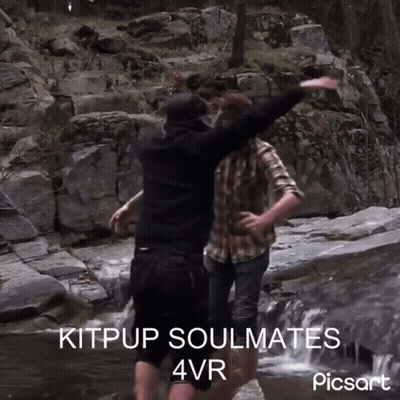 Two Men Standing In A Stream With The Words Kitpup Soulmates 4Vr Written On The Bottom GIF