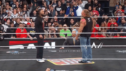 Two Men Standing In A Wrestling Ring With A Crowd Behind Them And A Sign That Says W GIF