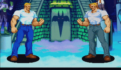 Two Men Standing In Front Of A Door With A Bat Shadow In The Background GIF