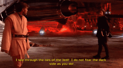 Two Men Standing In Front Of A Plane With The Words I See Through The Lies Of The Jedi GIF