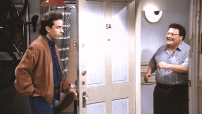 Two Men Standing In Front Of Door Saying 5A GIF